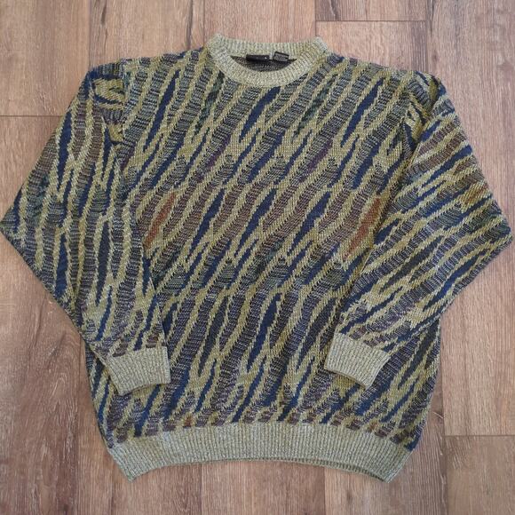 VTG After Dark Men's XL Knit Sweater Textured Leopard Stripe Retro Grandpa 90s - Picture 1 of 7